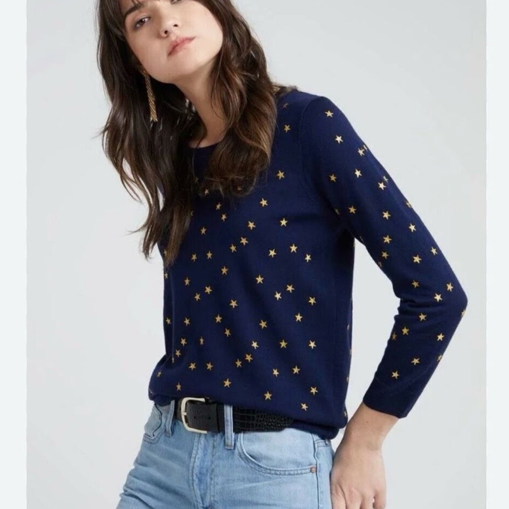 J Crew Wool Navy Sweater Embroidered Star Size Small S
